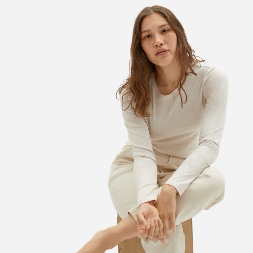 Everlane The Organic Cotton Long-Sleeve Crew T-Shirt Oatmeal Size XXS New - Picture 1 of 6
